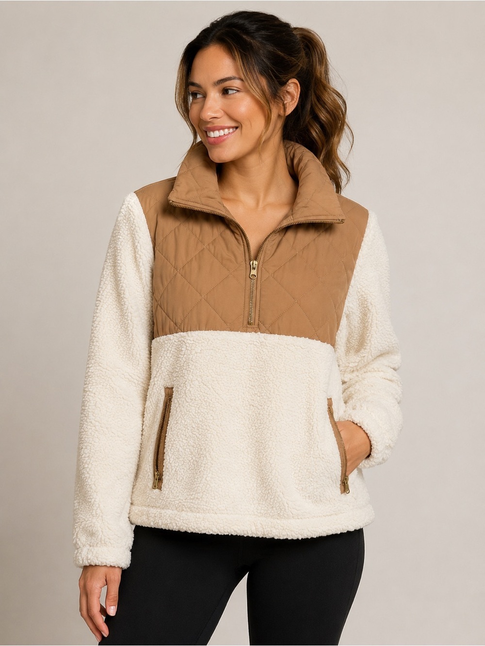 J.Crew Sherpa Fleece Quarter Zip Pullover Jacket Ivory Tan Size Medium